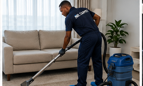 Mr. Carpet technician cleaning upholstery in a living room