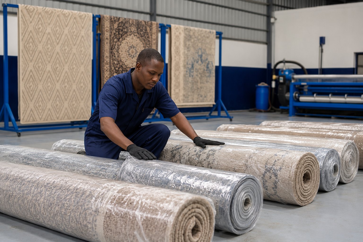 Finished carpet rolled and ready for delivery